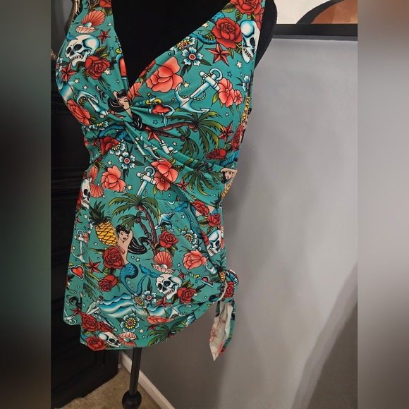 Torrid Blue and Red One Piece Swimsuit with V-Neckline - Picture 3 of 6